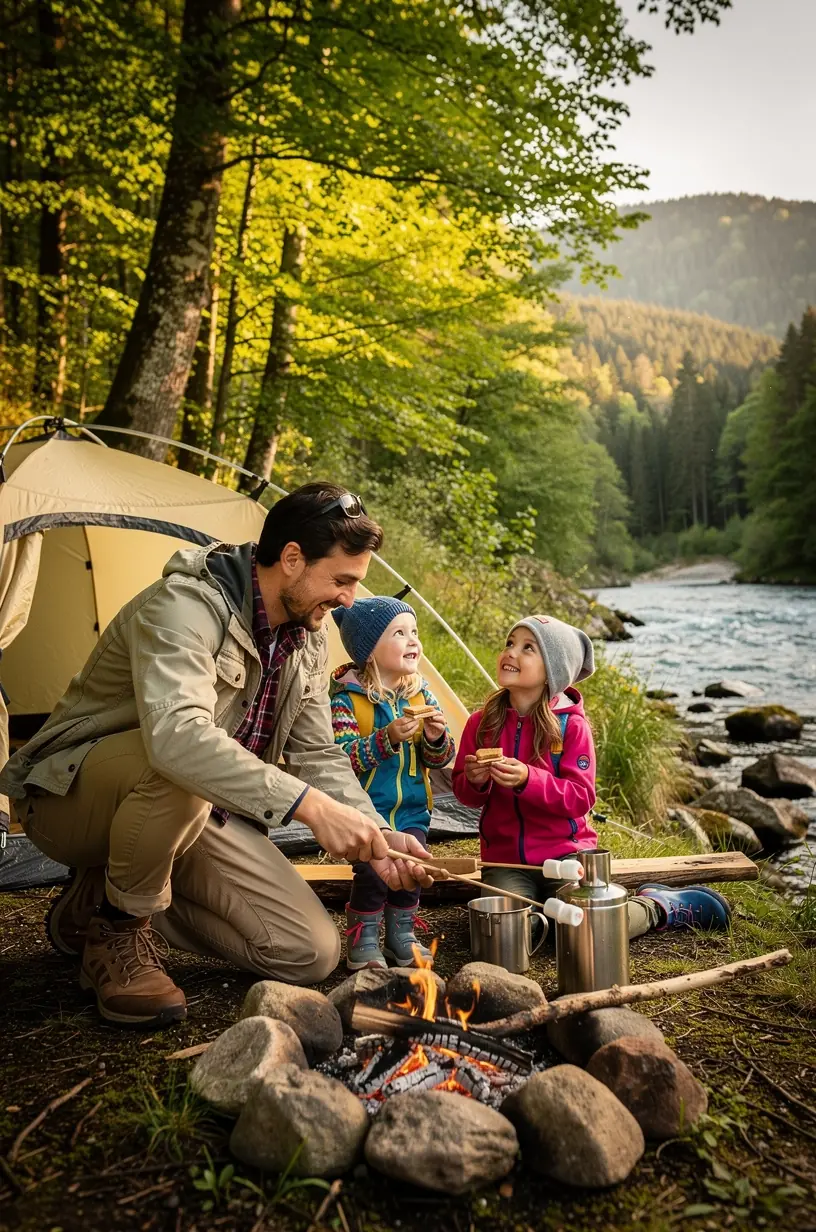 Family enjoying outdoor adventure with cycling and walking.